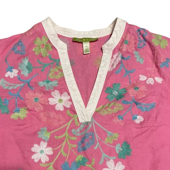 Sigrid Olsen Linen Floral Embroidered Tunic Pullover Spring Top Size XS - Picture 2 of 5
